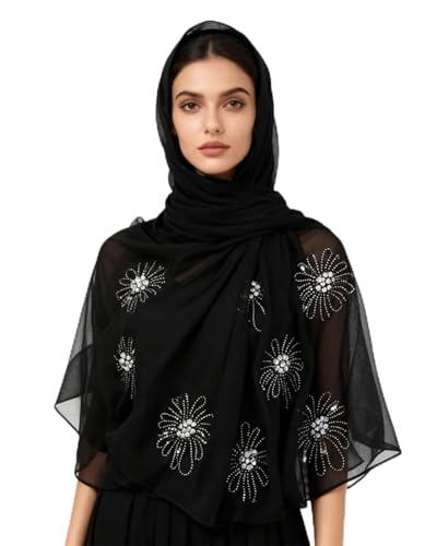 Chiffon Hijab Scarf for Women Muslim Hijab Head Wrap Scarves Soft Rhinestone Chiffon Scarf Fashion Long Scarves Shawl - color: Black