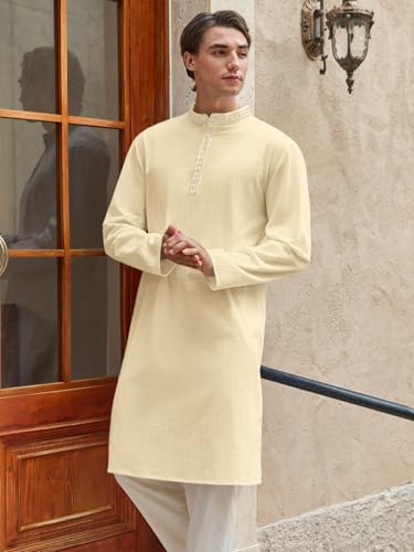 Runcati Mens Cotton Kaftan Robe Long Sleeve Button Down Henley Shirts Thobe Casual Side Split Gown Shirt - color: Beige, size: X-Large