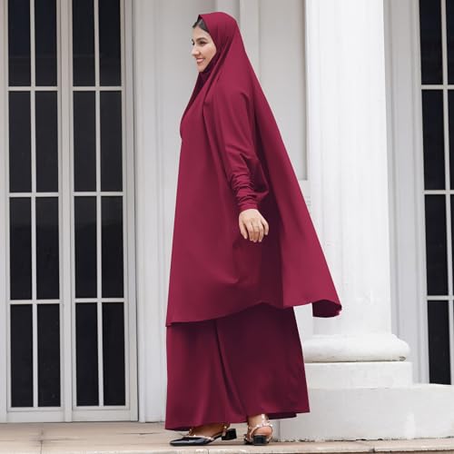 Abayas for Women Muslim Chiffon Prayer Burqa Dress Burkas for Women Muslim Hijab Dress Full Length Islamic Veil Abaya Set - color: Red