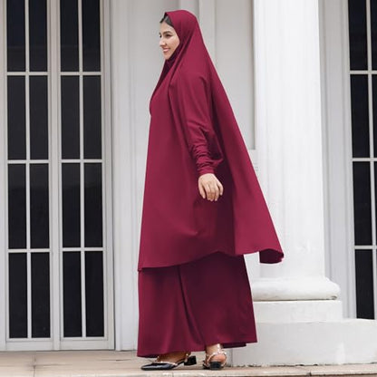 Abayas for Women Muslim Chiffon Prayer Burqa Dress Burkas for Women Muslim Hijab Dress Full Length Islamic Veil Abaya Set - color: Red