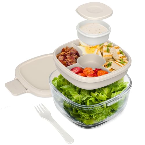 Bentgo Glass Salad Container - 7.6-Cup Salad Bowl with Airtight Lid, Leak-Proof Sauce Container, 4-Compartment Bento Tray & Reusable Fork - BPA-Free for Meal Prep, Office & More (White Stone Tan) - color: White Stone Tan