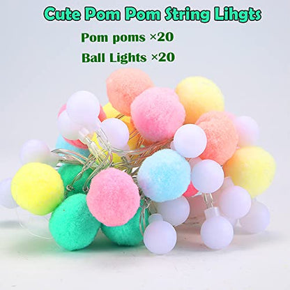 ChiRee Pom Poms 요정 조명 - 1.9m(6.56피트), LED 20개, 배터리 작동, 가정, 침실, 어린이 놀이방, 휴일, 크리스마스용 웜 화이트 글로브 조명 - color: 핑크와 블루.