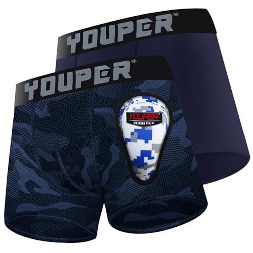 Youper 2 Pack Youth Brief with Soft Protective Athletic Cup, Youth Compression Underwear for Baseball & Football - color: Navy & Camo, size: Medium