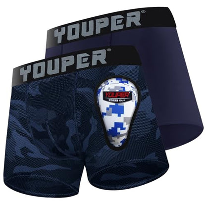 Youper 2 Pack Youth Brief with Soft Protective Athletic Cup, Youth Compression Underwear for Baseball & Football - color: Navy & Camo, size: X-Large