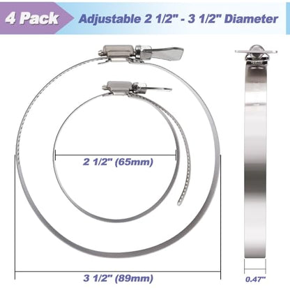 4 Pack 3 inch Hose Clamps, Adjustable 2 1/2"-3 1/2" OD, Handle Screw | 304 Stainless Steel, Easy Turn Thumb Screw Hose Clamps For Securing Hose, Dryer, Automotive and Mechanical Applications - size: 3" x 4Pcs