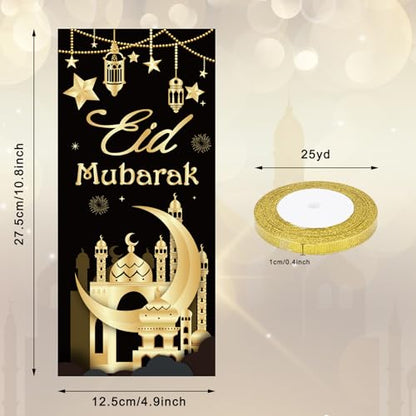 Whaline 100 Pcs Eid Mubarak Cellophane Treat Bags with Ribbon Ramadan Plastic Gift Bags Black Gold Candy Goodie Bags for Islamic Holiday Birthday Party Supplies - color: Black Gold