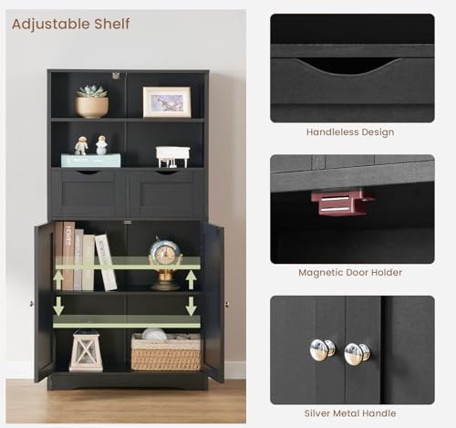 Iwell Tall Storage Cabinet, Black Storage Cabinet & Adjustable Shelves, Bathroom Cabinet for Living Room, Dining Room, Entryway, Black - color: Black, 2 Drawers