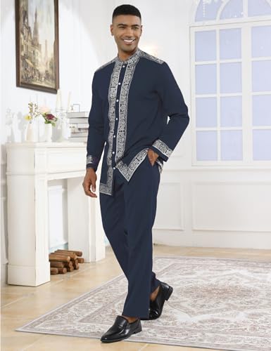 Mens African 2 Piece Set Nigerian Dashiki Metallic Traditional Suit Gold Stamp Printed Shirt and Pants Outfit - color: Grayish Blue, size: Large
