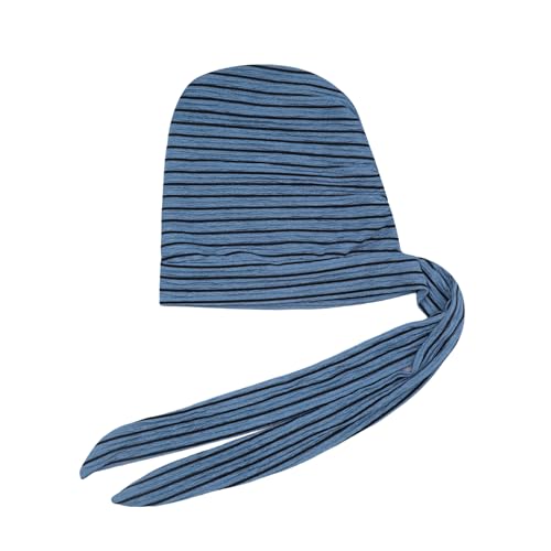 Suillty Women's Pre-Tied Muslim Hijab Bonnet Pleated Ruffle Turban Chemo Cap Underscarf Islamic Headwear - color: Blue Striped