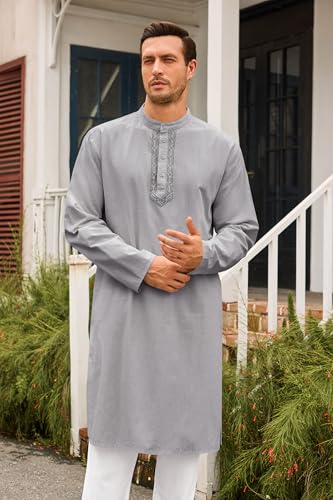 Runcati Mens Kaftan Thobe Button Down Casual Henley Shirts Long Sleeve Robe Cotton Linen Muslim Gown Shirt - color: Grey, size: X-Large