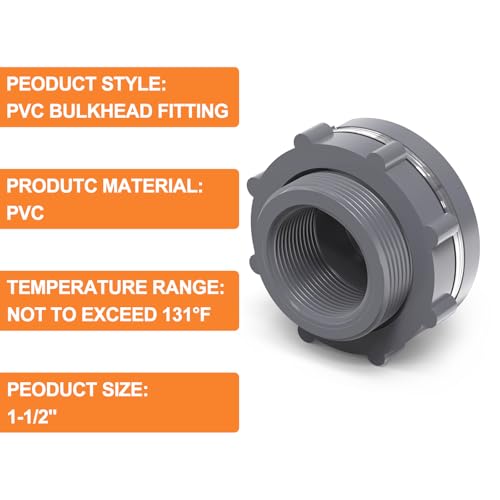 GASHER 2PCS PVC 1-1/2" Bulkhead Tank Connector Adapter Fitting with Plugs & Gasket for Water Tank, Rain barrels, Aquariums, Bathtubs and Sink - size: 1.5 Inch