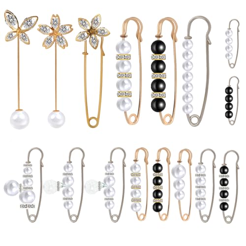 16 Pieces Pearl Crystal Brooch Safety Pins Hijab Pins Pant Waist Tightener Safety Pins for Clothes Sweater Shawl Collar Dress Cardigan Shirt Jeans Decoration Accessories for Women Girls