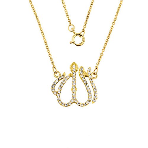14k Yellow Gold Diamond-Studded Islamic Allah Pendant Necklace