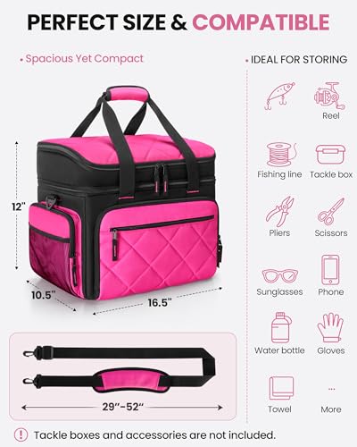 Smasrob Fishing Tackle Bag, Fish Bag (Tackle Boxes Not Included), Rose | Large Lure Boxes Pocket , Extra Top Tackle Trays Pocket, for Saltwater and Freshwater - color: Rose