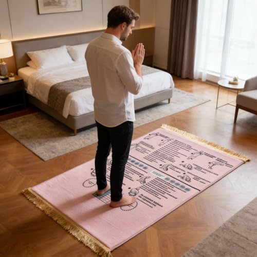 Bilingual Guided Prayer Mat with Direction Finder, Read in English and Say It in Arabic Guided Prayer Mat for Salah and Meditation (Pink, S)