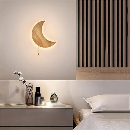 Moon Shape Nordic Style Wall Sconce 11.9-Inch Oak Wood Wall Lamp with Pull Chain Switch 3 Color Temperatures Acrylic Crescent Light Fixture for Bedroom Study Hallway