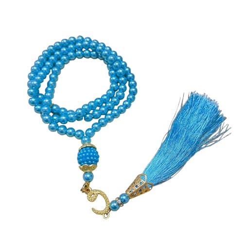 Tasbih Muslim Prayer Praise Beads, 6mm 99 Beads Glass Pearl Muslim Rosary Bracelet with Tassel, Natural Bead Pearls Tassel Pendant, Men Women Meditation Jewelry (blu) - color: blu