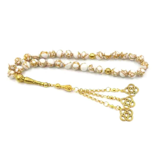 ALBASHAN Tasbih White howlite spun gold stone Muslim Rosary 33 45 66 99 Prayer beads misbaha islamic misbaha Eid Gift bracelets - size: 10mmx99beads