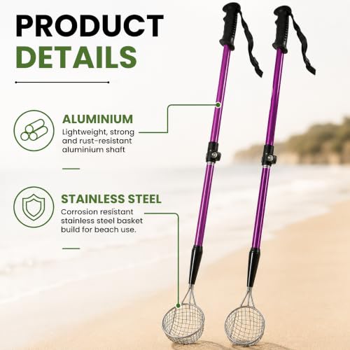 VOS Sand Sifter 2-Pack | Adjustable Handle 21"–33" | Stainless Steel Beach Scoop for Seashells, Shark Teeth & Sea Glass | Lightweight Aluminium, Rust-Resistant – Pink - color: Pink
