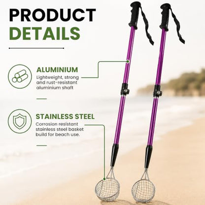 VOS Sand Sifter 2-Pack | Adjustable Handle 21"–33" | Stainless Steel Beach Scoop for Seashells, Shark Teeth & Sea Glass | Lightweight Aluminium, Rust-Resistant – Pink - color: Pink