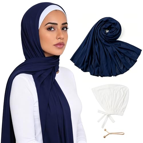 Hijab Scarf for Women, 3PCS Set with Undercap and Hijab Clip Lightweight Modal Muslim Head Wrap Scarf for Daily - color: Sy4-navy Hijab+white Undercap