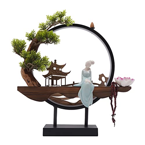 Backflow Incense Holder with LED Light and Pines, Ceramic Lady Chinese Style Backflow Incense Burner Perfect for Relaxing or Home Decor - style: Pines