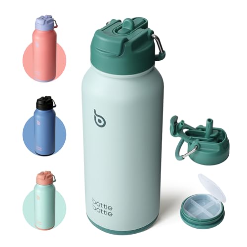 BOTTLE BOTTLE 32oz Insulated Water Bottle with Pill Box | Stainless Steel,Sport Water Bottle, with Straw Dual-use Lid and Pill Box, Design for Gym - color: green