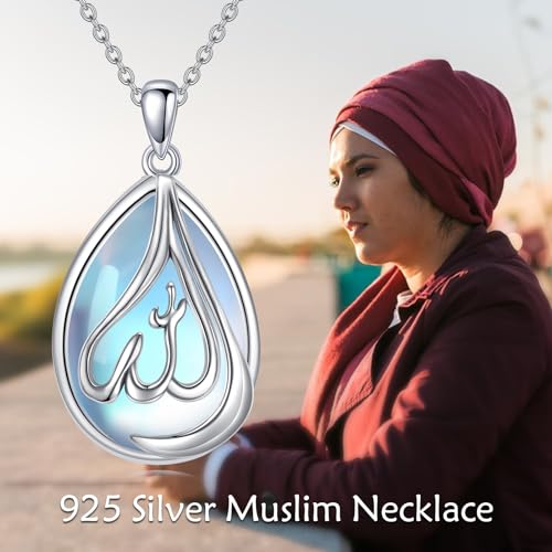 POPLYKE Muslim Islamic Religious Pendant Necklace for Men Women Sterling Silver Religious Allah Jewelry Gift - style: Moonstone