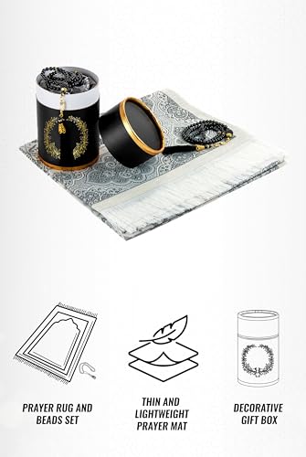 ihvan online Muslim Prayer Rug and Prayer Beads with Elegant Design Cylinder Gift Box, Janamaz, Soft Sajadah, Islamic Gifts Set, Portable Prayers Carpet Mat, Taffeta Fabric, Black - color: Black/Mod3