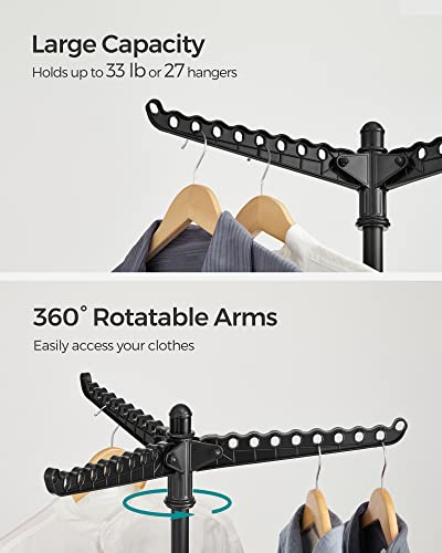 SONGMICS 의류 건조대, 149.9cm(59인치) 접이식 세탁 건조대, 행거용 회전 가능한 팔 3개, 다리 4개, 스테인리스 스틸, 옷 27피스용, 블랙 ULLR510B01 - color: 블랙., style: 1단