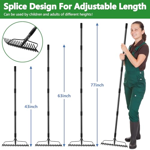 63 inch Bow Rake, 2-in-1 Metal Garden Lawn Rake for Weeding Digger Loosening Soil Raking Leaf Leveling Rocks Spreading Mulch Gravel 17 Tines Adjustable Garden Rake - style: 63 inch