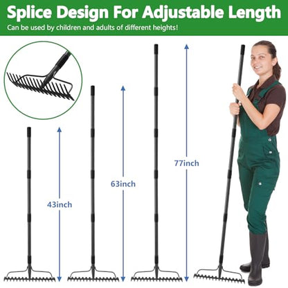 63 inch Bow Rake, 2-in-1 Metal Garden Lawn Rake for Weeding Digger Loosening Soil Raking Leaf Leveling Rocks Spreading Mulch Gravel 17 Tines Adjustable Garden Rake - style: 63 inch