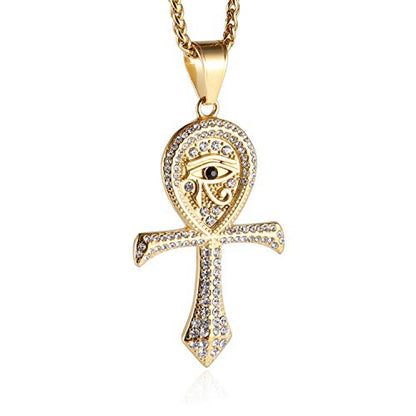 HZMAN CZ Eye of Horus Egypt Protection Pendant Coptic Ankh Cross Religious Stainless Steel Necklace - color: Gold