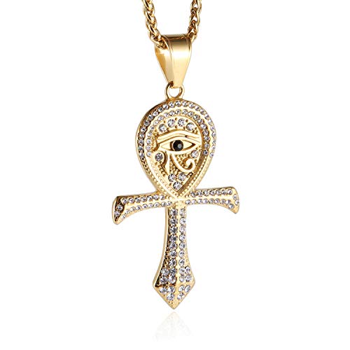 HZMAN CZ Eye of Horus Egypt Protection Pendant Coptic Ankh Cross Religious Stainless Steel Necklace - color: Gold