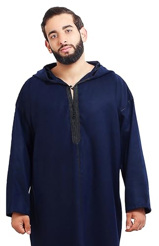 Moroccan Men Djellaba with Hood – Handmade Winter Jellaba Cotton Kaftan with Delicate Embroidery, Caftan Fits L–XL - color: Navy