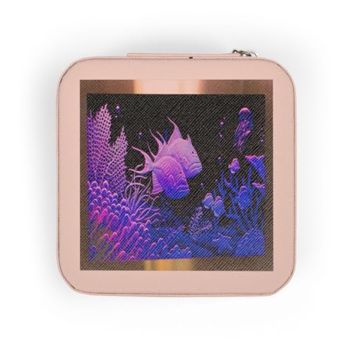 3dRose Neon Purple fish in a aquarium metal frame with coral and ocean life Jewelry Travel Case Pink