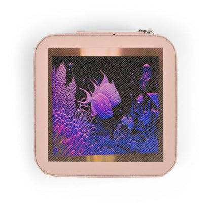 3dRose Neon Purple fish in a aquarium metal frame with coral and ocean life Jewelry Travel Case Pink