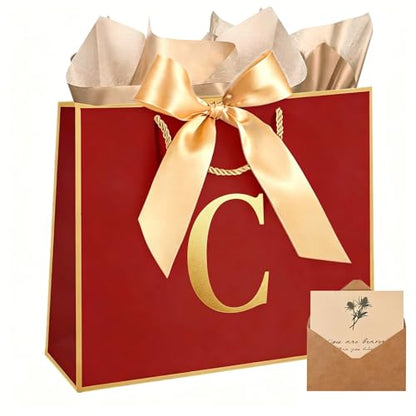 Topaliving Personalized Gift Bag with Card and Tissue Paper, 26 Letters Birthday Gift Bag 13'' Custom Valentines Weddings Present with Initials/Numbers for Women Men Kids (Red,C) - color: Red, size: C