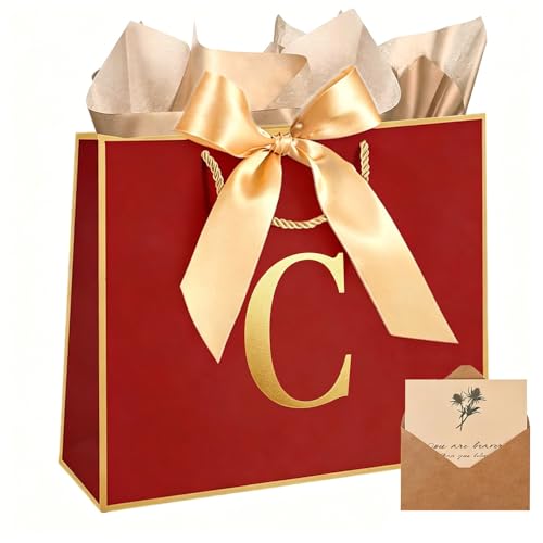Topaliving Personalized Gift Bag with Card and Tissue Paper, 26 Letters Birthday Gift Bag 13'' Custom Valentines Weddings Present with Initials/Numbers for Women Men Kids (Red,C) - color: Red, size: C