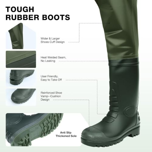 Lekesky Fly Fishing Chest Waders with Boots for Men Women, US Sizes 5–14,2-Ply Nylon/Pvc Waterproof Waders - color: Green, size: M7/W9