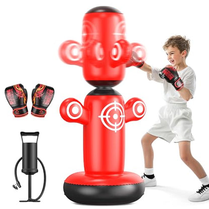 QPAU 360° Rotatable Punching Bag for Kids, Lager 64” Kids Punching Bag with Gloves, Hand Pump & 6 Targets, Bop Bag Inflatable Punching Toy, Karate Gifts for Boys, Girls - color: Red