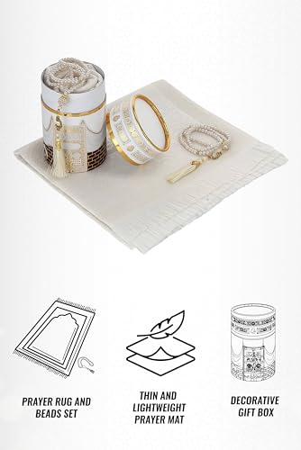 ihvan online Muslim Prayer Rug and Prayer Beads with Elegant Design Cylinder Gift Box, Janamaz, Soft Sajadah, Islamic Gifts Set, Portable Prayers Carpet Mat, Taffeta Fabric, White / Mod2 - color: White/Mod2