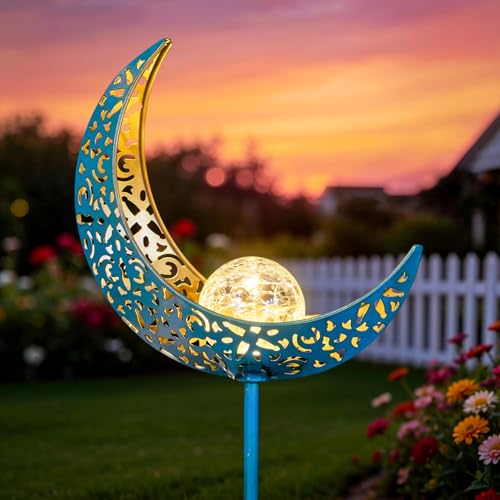 Homeimpro Moon Solar Garden Lights Outdoor Stakes, Waterproof Crackle Glass Metal Yard Lights for Lawn, Patio Accessories, Backyard Decor, Birthday Gifts for Mom - color: Blue Gold 1Pack