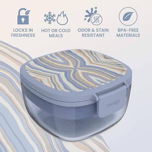 Bentgo Glass Prints Salad Container - 7.6-Cup Tinted Glass Salad Bowl with Airtight Lid, Leak-Proof Sauce Container, 4-Compartment Bento Meal Prep Tray & Reusable Fork (Wildly Chic - Soft Blue) - color: Wildly Chic - Soft Blue