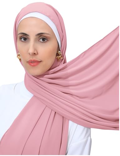 Heavy Not Easily See Through Long Chiffon Hijab Scarf for Women, Amazing Smooth Muslim Head Scarves - color: Rose Pink