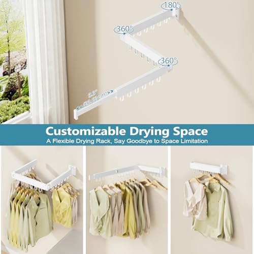 JAUREE Clothes Drying Rack Wall Mounted, Space-Saving Drying Rack Clothing, Collapsible Foldable Retractable Laundry Rack with 18 Hooks, Indoor/Outdoor, White - color: White