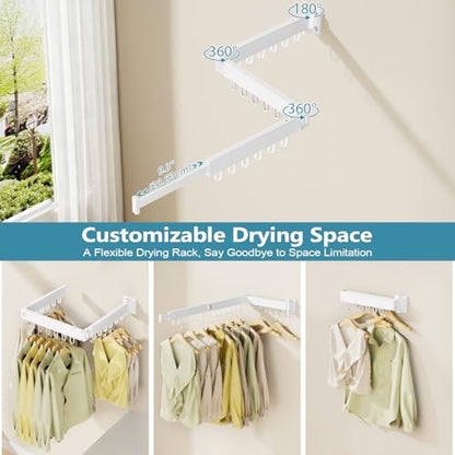 JAUREE Clothes Drying Rack Wall Mounted, Space-Saving Drying Rack Clothing, Collapsible Foldable Retractable Laundry Rack with 18 Hooks, Indoor/Outdoor, White - color: White