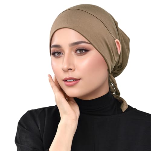 Hijab Undercaps Slouchy Beanies Cap Soft Hijab Caps Under Scarf for Women Muslim Jersey Inner Beain-Cap - color: Black+khaki