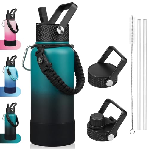 BJPKPK 32oz Insulated Water Bottle with 3 Lids, Straw Lid & Handle - color: Army Green & Black, size: 32 Ounces