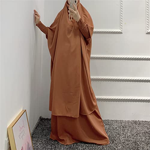 Women Muslim 2 Set Solid Color Plus Long Sleeve Thobe One-size Longuette Overall Abaya Thobe with Hoodied Hijab - color: Brown